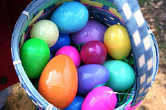 plastic easter eggs in a basket