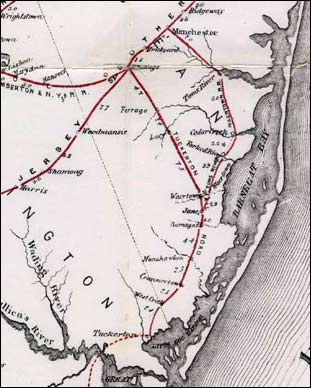 1873 map of the railroads in the vicinity of Tom River, NJ